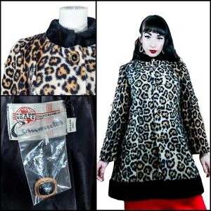 Vintage 1960s Leopard Faux Fur Coat Mandarin Collar Mock Neck Cheetah Swing Coat